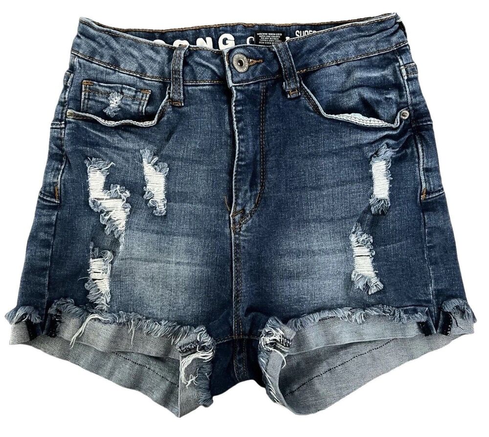 S.O.N.G. Shorts 5/27 Curvy High Rise Distressed Jean Blue Cutoff Festival